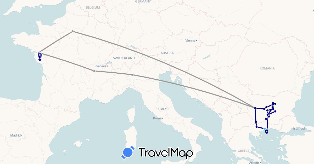 TravelMap itinerary: driving, plane, boat in Bulgaria, France, Greece, Italy (Europe)