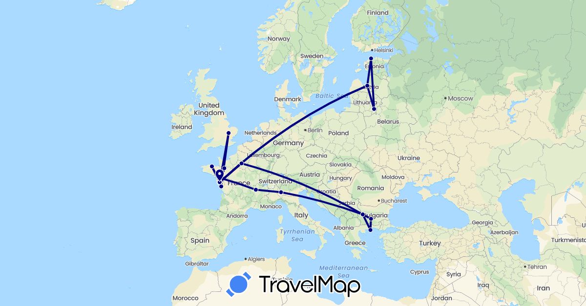 TravelMap itinerary: driving in Bulgaria, Estonia, France, United Kingdom, Greece, Italy, Lithuania, Latvia (Europe)